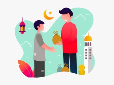 The image depicts a blurred graphic illustrating the concept of gift tax exclusion, with two stylized figures exchanging a gift. A person on the right, wearing a red shirt, is handing a light brown bag, presumably a gift, to a person on the left wearing a grey shirt. The background features light green and white shapes that resemble clouds or abstract landforms, with subtle elements of Islamic architecture like a lantern and a mosque tower, suggesting a context of giving. Gold coin-like objects and gift bags are visible at the bottom, further emphasizing the theme of gifting and money. Overlaying the image in prominent red and white text are the questions "WHAT IS THE GIFT TAX AND HOW MUCH CAN YOU GIFT TAX-FREE," directly relating to the article's discussion on gift tax rules, annual exclusion limits, and tax-free money thresholds, highlighting how much you can give before the IRS imposes taxes.