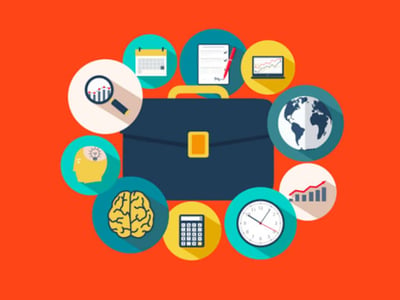 This image displays a dark blue briefcase with a gold clasp at its center, representing a financial portfolio. Surrounding the briefcase in a circular arrangement are eight colorful circular icons, each symbolizing a different aspect of portfolio analysis and investment tracking. Clockwise from the top, these icons include a calendar for tracking dates, a checklist with a red pen for planning and tasks, a laptop displaying a financial graph for online analysis, a globe for global investments, a rising bar chart for performance tracking, a clock for time-sensitive decisions, a calculator for computations, and a human brain for strategic thinking. To the bottom left, the text "THE COLLEGE INVESTOR" is prominently displayed in white, indicating the source or brand. The overall image, set against a vibrant orange background, visually encapsulates the complex and multifaceted nature of managing investments and highlights the various elements that powerful portfolio analysis tools can help investors keep track of, such as expense ratios, dividend yields, management fees, tax planning, and asset allocation, as discussed in the accompanying article on the best portfolio analysis tools.