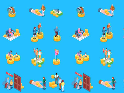 This illustrative image features a repeating pattern against a solid blue background, depicting various isometric representations of individuals and groups interacting with stacks of gold coins, symbolizing investments and savings. In the top row, a person in a wheelchair is positioned next to a stack of coins, while another scene shows a hand offering coins to a standing person. Other rows include individuals sitting on chairs near coins, families standing on or near coin stacks, and scenes of people engaging in what appears to be financial transactions. At the bottom left, the text "THE COLLEGE INVESTOR" is prominently displayed. The image visually represents the article's focus on 401k loans and withdrawals, illustrating concepts of borrowing against oneself, repayment, and the accumulation or use of retirement funds for various life events or expenses.
