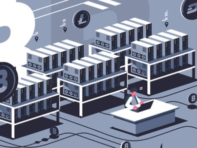 An isometric illustration depicts a cryptocurrency mining farm, central to understanding crypto assets and their investment. The foreground shows a professional in a suit and tie working diligently on a laptop at a sleek, grey desk, symbolizing the analytical aspect of investing. Behind him, multiple racks hold numerous computer servers, all in shades of grey and white, signifying the extensive computational power required for crypto mining. Various cryptocurrency symbols, including Bitcoin (B) and Litecoin (LTC), are scattered throughout the image, reinforcing the article's focus on crypto savings accounts and high-yield opportunities. The overall cool color palette of blues and greys, along with the "THE COLLEGE INVESTOR" logo in the bottom left, establishes a tone of financial expertise and modern investment strategies.