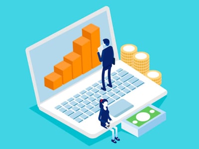 This image is a graphic promoting a "Financial Residency Book Review," featuring a stylized depiction of financial planning. A large, open laptop dominates the center, with a small figure resembling a person standing on its keyboard, symbolizing engagement with digital finance. Behind the laptop, a bar graph with rising orange columns suggests growth and investment, while stacks of gold coins further emphasize wealth and savings. In the foreground, below the laptop, another smaller figure stands near a stack of green banknotes, reinforcing the theme of money management. The overall visual communicates the article's focus on helping physicians create comprehensive financial plans to achieve their desired lifestyle, as discussed in "Financial Residency: Create Your Financial Plan Without the Long Hours or Sleepless Nights" by Ryan and Taylor Inman.