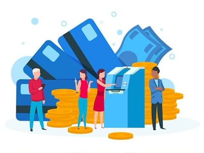 A vibrant, cartoon illustration depicts the comparison between a personal line of credit and student loan refinancing. The image features four diverse individuals interacting with financial elements. On the left, a man with gray hair and a red shirt stands next to a large blue credit card, which rests on a substantial pile of golden coins, symbolizing a personal line of credit. In the center, two women, one in a blue top and the other in a red dress, stand near an ATM, with more golden coins at their feet, representing banking and transaction options. To the right, another man in a blue suit stands next to a stack of cash, indicating student loan refinancing. The prominent text "CREDIT VS. STUDENT LOAN REFINANCING" is displayed in red and blue letters above the scene, clearly highlighting the article's core financial comparison for student debt payoff strategies.