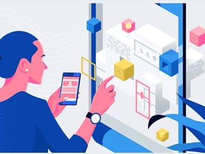 This detailed illustration, framed by the dark blue "THE COLLEGE INVESTOR" logo in the bottom left, depicts a user engaging with a digital interface, symbolizing the modern, online-only nature of Mint Mobile's service. A person with dark blue hair and a light pink face, wearing a dark blue shirt and a watch, is shown in profile, looking towards the right. They are holding a blue smartphone in their left hand, displaying a stylized user profile or account interface with light pink elements. Their right hand is extended, index finger pointing at a yellow 3D cube, interacting with a translucent, futuristic screen that features various floating geometric shapes in shades of blue, yellow, pink, and white. These elements represent the streamlined digital experience and premium wireless service that Mint Mobile offers through its contract-free cell phone plans and the T-Mobile network, emphasizing the accessibility and simplicity of managing a mobile plan online, as discussed in the article's review.