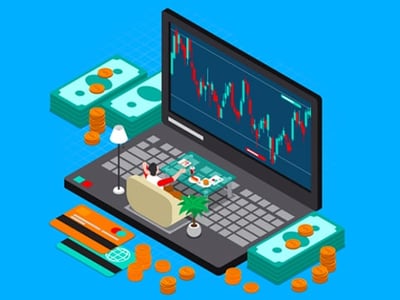 An illustration depicting a laptop displaying trading charts and graphs on its screen, symbolizing online trading platforms. Surrounding the laptop are various elements representing financial transactions and education: a credit card, stacks of money, and scattered coins. The background is a solid light blue, with prominent red and white text overlaid on the image that reads "PRACTICE ACCOUNTS: WHERE TO LEARN TO TRADE." This visually reinforces the article's focus on paper trading and practice accounts, providing a safe environment to learn to trade stocks, options, and futures with virtual money, familiarize oneself with a broker's trading platform, and develop profitable trading strategies without risking real money.