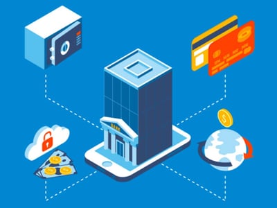 An illustrative image displays a stylized representation of online banking services, relevant to the article's discussion of Varo Bank. The central focus is a white smartphone with a classical bank building icon displayed on its screen, surrounded by a faint network of dotted lines connecting to other banking-related symbols. To the left, a white cloud icon with a red padlock signifies cloud security, essential for online-only banks, adjacent to a stack of gold coins representing savings. On the right, a stylized globe with an arrow wrapping around it suggests global accessibility and digital transactions, with a single gold coin floating nearby. Prominently overlaid in red, bold text are the words "CHECKING AND SAVINGS ACCOUNTS," emphasizing key offerings of digital banks like Varo, which is highlighted for its high APY savings accounts and fee-free services. This visual reinforces the convenience and benefits of modern digital banking discussed in the "Varo Bank Review."