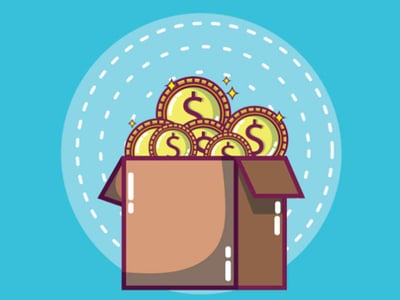 The image features a brown cardboard box, open at the top, overflowing with shiny golden coins, each marked with a dollar sign, some sparkling to indicate value. The coins symbolize the savings and investment growth possible with a Health Savings Account (HSA) for individuals with a High-Deductible Health Plan (HDHP), as discussed in the article about Optum Bank. Behind the box, a light blue circle with a dashed white outline suggests a protective or contained environment for these valuable assets. The background is a solid medium blue, creating a clear contrast, and the words "THE COLLEGE INVESTOR" are visible in white text in the bottom left corner, indicating the source of this financial content. This visual effectively represents the benefits of an HSA, offering access to saving and investing, key features of Optum Bank's full-service HSA product.