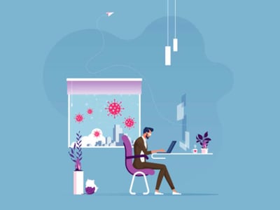 This illustrative image visually represents the article's focus on "How To Handle Taxes For Your Side Hustle." A stylized man with a beard is depicted working diligently at a desk, looking at a laptop computer. He is seated in a purple office chair, with a small potted plant and a bottle on his white desk. Through a large window behind him, a city skyline is visible under a light blue sky, accented with several red, spiky virus-like icons, subtly hinting at the current remote work or side hustle environment. The bold text "HOW TO HANDLE TAXES FOR YOUR SIDE HUSTLE" is prominently displayed at the top, with "TAXES" highlighted in red, reinforcing the core topic of managing self-employment taxes for side hustle income, including Social Security and Medicare taxes, to avoid a tax nightmare.