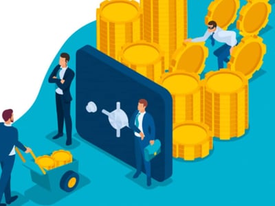 An illustrative image for an article on "Floating Rate Funds | What They Are And How They Work" features a vibrant blue and orange color scheme, designed to attract attention on platforms like Pinterest. In the foreground, a businessman in a dark suit pushes a wheelbarrow overflowing with gold coins, symbolizing potential returns and investment. To his right, another figure in a blue suit sits casually on a large, dark-colored wallet, which has an open flap revealing a white, abstract shape inside, possibly representing the complex nature of these funds. In the background, a third suited figure stands, observing the scene. The image visually conveys the concept of floating rate funds as fixed-income investments that could offer higher returns compared to traditional bond funds, while also acknowledging the associated higher risks. The prominent text "FLOATING RATE FUNDS WHAT THEY ARE AND HOW THEY WORK" clearly identifies the article's focus on helping investors understand this specific type of diversified portfolio addition.