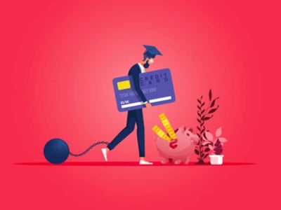 A vibrant, illustrative image on a gradient red and pink background depicts a person walking from left to right, burdened by student loan debt. The individual, dressed in dark blue pants and a light blue top, carries an oversized blue credit card with a yellow stripe, symbolizing financial obligations. Attached to their left ankle is a dark blue ball and chain, metaphorically representing the weight of debt. To the right of the person sits a pink piggy bank with yellow ears, next to a small green potted cactus, suggesting the slow growth of savings or the thorny nature of financial struggles. The top of the image features red and blue text that reads "(TEXAS GUARANTEED STUDENT LOANS): WHAT TO KNOW," directly referencing the article's topic about Trellis Company and its role in the student loan industry. This visual effectively encapsulates the challenges and key information surrounding student loan management and the services provided by Trellis Company.