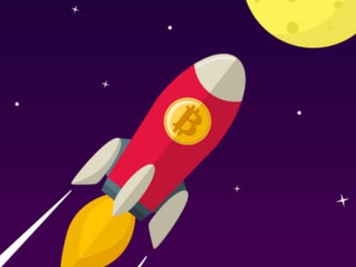 A vibrant, stylized illustration depicts a red rocket, featuring a prominent gold Bitcoin logo on its side, soaring through a dark purple night sky filled with scattered white stars. The rocket has a pointed white nose cone, white fins, and a dynamic yellow-orange exhaust plume streaming behind it, suggesting rapid ascent. In the upper right corner, a partial view of a bright yellow, textured moon or planet is visible, hinting at a celestial destination. The bottom left corner prominently displays the white text "THE COLLEGE INVESTOR," which is the brand associated with the article. This image visually represents the concept of investing in cryptocurrencies like Bitcoin through an IRA, conveying growth and the potential for financial gains in the digital asset market, as discussed in the accompanying Bitcoin IRA review.