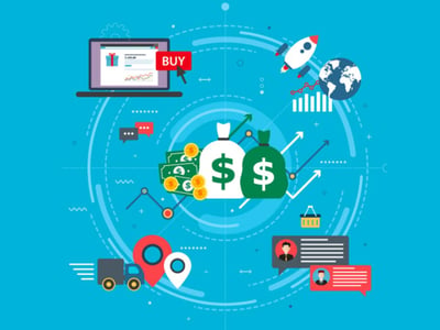 This illustrative graphic for "Firstrade Review" features a light blue background with a central circular interface overlaying various financial and trading icons, emphasizing the comprehensive nature of the Firstrade platform. At the top, a laptop displays charts and graphs, with the text "FIRSTRADE REVIEW" prominently displayed in white and red, signifying a detailed analysis of the brokerage. Below this, two money bags, one white with a green dollar sign and one green with a white dollar sign, are surrounded by gold coins, representing investment growth and wealth accumulation. Surrounding these are subtle upward-trending lines and data points, symbolizing positive market performance and options trading. The lower portion of the image includes icons such as a shopping cart, a global network symbol, and location pins, suggesting diverse investment opportunities and accessible online trading. There are also representations of a credit card and profile icons, indicating secure transactions and personalized account management. The overall visual communicates Firstrade's robust, fee-free options trading, stocks, ETFs, mutual funds, and fixed-income product offerings.