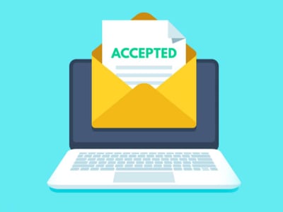 This image features a modern silver laptop with a golden-yellow envelope emerging from its screen, set against a calming teal background. Inside the open envelope, a white document is visible, clearly displaying the word "ACCEPTED" in prominent green capital letters, signifying an acceptance letter. This visual metaphor directly relates to the article's focus on securing funding for college through private student loans and refinancing options like those offered by ISL Education Lending. The "ACCEPTED" message symbolizes the successful outcome of applying for federal financial aid or supplemental private student loans, helping students achieve their educational goals. The "THE COLLEGE INVESTOR" logo is subtly placed in the bottom left corner.