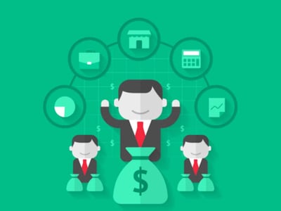 This illustrative graphic visually compares mutual funds vs. ETFs, a key topic for investors understanding different investment vehicles. The central figure, a smiling man in a suit and red tie, has his arms raised in triumph, symbolizing successful investing. He stands above a large green money bag, overflowing with dollar signs, representing wealth growth. Flanking him are two smaller, equally happy men in suits, each with a money bag, indicating that both investment types can lead to financial gains. Above the central figure, thought bubbles contain pie charts and bar graphs, suggesting data analysis and informed decisions. The clear, concise text "UNDERSTAND THE DIFFERENCE" emphasizes the article's focus on distinguishing between these two popular investment options, helping investors choose the best fit for their financial goals.