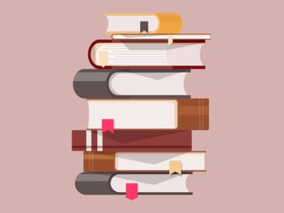 A tall, colorful stack of seven books, rendered in a flat, illustrative style, stands prominently against a gradient background that transitions from light pink at the top to a darker purplish-gray at the bottom. Each book has a distinct cover color, including shades of gold, white, light brown, dark gray, and reddish-brown, and several have red or tan bookmarks protruding from their tops. In the bottom left corner, the white text "COLLEGE INVESTOR" is clearly visible, identifying the source. This image visually represents the extensive knowledge and guidance offered in "The Price You Pay for College," a book reviewed in the article, emphasizing the comprehensive nature of understanding college costs, financial aid, and strategic financial decisions for families.
