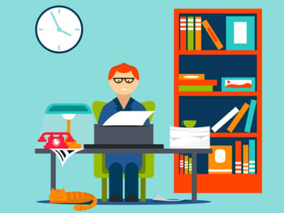 This vibrant, cartoon-style illustration depicts a person sitting at a desk, likely a contractor or freelancer, diligently working on their taxes, which is highly relevant to understanding the 1099-NEC form. The individual, dressed in a blue shirt, is positioned centrally behind a dark grey desk, with papers stacked in front of them, suggesting the process of managing financial documents. To the left, a retro-style orange desk lamp illuminates the workspace, alongside an old-fashioned red rotary phone, adding a touch of classic office ambiance. On the right side of the image, a tall bookshelf filled with various books and binders reinforces the theme of financial record-keeping and knowledge associated with tax forms like the 1099-NEC, which is exclusively intended to report freelance and contractor compensation. The overall scene clearly communicates the administrative tasks associated with non-employee compensation and side hustle income.