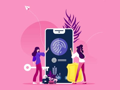 This stylized graphic on a pink background features two women interacting with a large smartphone, symbolizing the Step fintech app. The phone screen displays a prominent fingerprint icon, representing secure access and identity verification, which aligns with the app's features like building credit and managing savings. A large white key and a golden shield are positioned behind the women, illustrating the financial security and protection offered by Step's secured Visa card and FDIC-insured savings account. A paper airplane icon with a dotted flight path suggests the ease of sending money or quick transactions, while a large dark purple leaf element adds a touch of natural design. The "THE COLLEGE INVESTOR" logo is visible in the bottom left, indicating the source of this review. This image visually encapsulates the app's offerings for users to get ahead financially, including earning interest and cash back.
