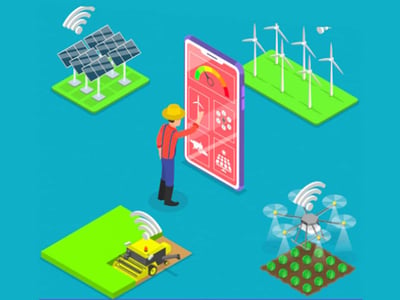 This illustrative image depicts various elements of modern agricultural technology, central to the "Harvest Returns" platform discussed in the article. A farmer wearing a yellow hat and orange shirt stands next to a large smartphone displaying data related to farming operations. Surrounding him are isometric representations of sustainable and high-tech farming methods: solar panels generating energy, wind turbines for power, an autonomous tractor plowing a field, and a drone hovering over crops, all connected wirelessly. The image visually reinforces the article's theme of diversifying investments into agriculture, timberland, and other related real estate through platforms like Harvest Returns, highlighting the blend of traditional farming with innovative technology for efficient production.