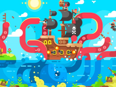 An engaging, cartoon-style illustration depicts a large, brown pirate ship with black sails featuring a white skull and crossbones emblem, sailing on a blue ocean under a bright yellow sun. A gigantic red kraken, a mythical sea monster, is actively attacking the ship with its numerous tentacles wrapping around the hull and masts, emphasizing the high-risk nature of cryptocurrency investments discussed in the article. Several small pirate figures are visible on the ship, some battling the kraken, while another small figure in a red cap appears to be waving from a distant island. The lower left corner of the image prominently displays "THE COLLEGE INVESTOR" logo in white text, associating the visual narrative of battling a kraken with the challenges of finding a reliable and secure crypto exchange like Kraken, as highlighted in the accompanying article about Kraken Review.