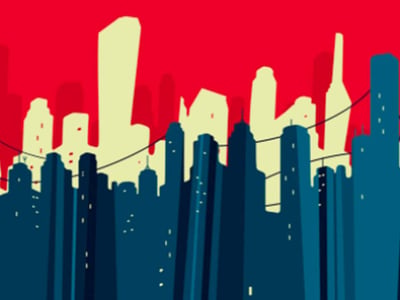 An illustrative graphic depicts a stylized city skyline under a vibrant red sky, with darker blue buildings in the foreground and lighter cream-colored buildings silhouetted against the red background, suggesting a bustling urban environment. The image is directly relevant to the article's focus on real estate investing, real estate crowdfunding, and platforms like Sharestates, which facilitate investment in mortgage loans for real estate projects. The bottom left corner features "THE COLLEGE INVESTOR" in white text, reinforcing the context of financial education and investment opportunities discussed in the article. This visual metaphor effectively sets the stage for a discussion about passive real estate investment options for individual and accredited investors.