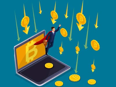 A dynamic illustration depicts a successful businessman in a blue suit and red cape, resembling a superhero, soaring upwards from an open laptop screen. The laptop screen prominently displays a golden Bitcoin symbol, emphasizing the cryptocurrency theme. Numerous gold coins, resembling physical Bitcoins, are depicted falling from the top of the image with yellow downward-pointing arrows, suggesting a volatile or declining market for crypto assets. The man's upward flight from the laptop could symbolize an individual "taking off" or finding success despite the high-risk nature of investing in cryptocurrency, as discussed in the accompanying article about Binance and other crypto exchanges. The "The College Investor" logo is visible in the bottom left corner, branding the image within the financial education context of the article.