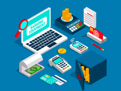 This isometric illustration visually represents the "Mercury Bank Review" discussed in the article, highlighting the ease and modernity of online business banking. The central focus is a white laptop with a dark keyboard, symbolizing the digital nature of Mercury's services. To the right, two white payment terminals with colorful buttons and digital screens are shown, one displaying a Wi-Fi signal, emphasizing seamless transactions and integration with other business tools. A golden coin is strategically placed near the terminals, signifying the financial aspects of banking. In the lower right corner, a dark blue file cabinet with golden coins spilling out reinforces the idea of managing business finances. The overall blue background suggests a professional and trustworthy environment, aligning with the article's praise for Mercury's low-cost and easy-to-open online business bank accounts for corporations like LLCs and S-Corps.