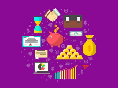 A vibrant illustration on a deep purple background, featuring various financial and investment symbols arranged in a circular pattern, with "THE COLLEGE INVESTOR" logo in the bottom left corner. The image effectively summarizes key concepts related to options trading, particularly selling put options, as discussed in the accompanying article. Visible elements include a handshake representing agreements, a briefcase for business, stacks of money and a money bag symbolizing profit, a piggy bank for savings, gold bars signifying assets, stock certificates, a laptop displaying a financial chart, and an hourglass for time, specifically referencing "theta" or time decay in options. These visuals collectively represent the benefits and risks of strategies like selling put options, where traders aim to profit by building in a margin of error for market movements.