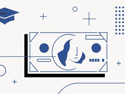 An illustrative image features a minimalist design with a blue graduation cap, or mortarboard, positioned in the upper left corner, connected by a blue line to a stylized dollar bill. This visual metaphor represents the flow of money, likely student loans or refinancing, towards education. The dollar bill, outlined in blue with solid blue accents, emphasizes financial aspects. The background is light gray with various geometric shapes like circles and plus signs in blue and black, creating a clean, modern aesthetic. In the bottom left, the words "COLLEGE INVESTOR" are visible, identifying the brand. This image contextualizes the article's focus on SoFi student loans and refinancing, highlighting the financial investment in higher education and the process of managing student debt, potentially through services like those offered by SoFi or Credible.