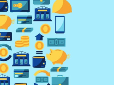A vibrant, light blue background gradually darkens to a deep blue at the bottom, creating a smooth gradient. A vertical stripe on the left side is filled with an array of financial icons in shades of blue and golden yellow. These icons include piggy banks, credit cards, stacks of cash, coins, wallets, briefcases, banks, money bags, safes, and upward-trending line graphs with arrows, all symbolizing various aspects of money management and financial growth. The bottom left corner prominently features the white text "THE COLLEGE INVESTOR," a brand that aligns with the article's focus on personal finance. This image visually represents the diverse tools and concepts associated with managing money, particularly prepaid debit cards, which are discussed in the accompanying article as a useful financial tool for those seeking convenience without the risk of overspending or overdraft fees.