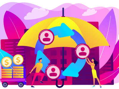 A vibrant, purple-hued illustration shows two people interacting with a large yellow umbrella, which symbolizes protection and financial security. Below the umbrella, a blue circular arrow represents the continuous flow and exchange of cryptocurrency assets, with red person-shaped icons inside circles along the arrow indicating individuals engaged in the process. To the left, a man pushes a cart laden with stacks of gold coins topped with dollar signs, signifying investment or deposits. To the right, a woman holds one of the person-shaped icons, actively participating in the cycle. In the background, dark rectangular shapes resemble buildings or secure digital vaults, hinting at the secure holding of crypto. The bottom left corner features the logo "THE COLLEGE INVESTOR," reinforcing the article's focus on financial education and cryptocurrency investment platforms like Nexo, which allow users to earn interest on deposits and borrow against their crypto, highlighting the high-risk nature of these digital assets while also showing the potential for earning and borrowing.