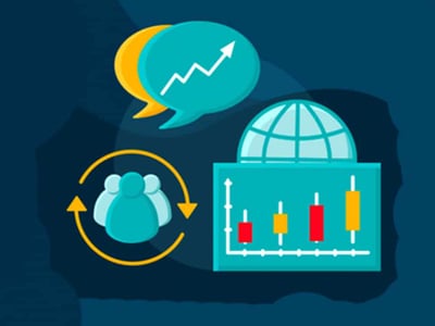 An illustrative image on a dark blue background depicts various investing concepts relevant to short selling. In the top center, two speech bubbles overlap, with the front turquoise bubble containing a white jagged arrow pointing upwards, symbolizing market trends or discussions about stock performance. To the right, a stylized globe sits atop a candlestick chart with red and white candles, indicating global stock market activity and potential declines that short selling profits from. On the left, a circular arrow surrounds three simplified person icons, suggesting investor sentiment or the cyclical nature of the market. The bottom left corner features "The College Investor" logo, reinforcing the educational context for understanding high-risk strategies like shorting to make money in the stock market.