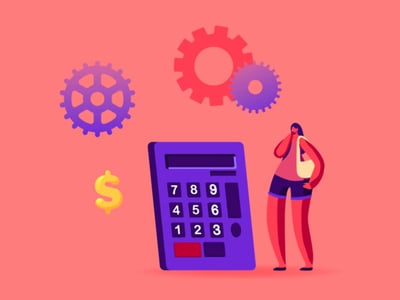 A digital illustration on a pink and red gradient background depicts a woman contemplating financial calculations related to options trading, emphasizing the process of choosing the right strike price and expiration. A large, dark purple calculator with a clear number pad (7, 8, 9; 4, 5, 6; 1, 2, 3; 0) is central. To its left, a bright yellow dollar sign symbolizes profit and financial gain. Above the calculator and dollar sign, three interconnected gears in shades of purple and red represent the intricate mechanisms of the stock market and options strategies. A stylized female figure stands to the right of the calculator, dressed in shorts and a tank top, with one hand to her chin, appearing to be in deep thought about the complex decisions involved in buying or selling puts and calls, as discussed in the accompanying article on options trading for investors.