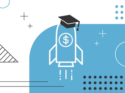 This graphic features a white outline of a rocket with a dollar sign inside a circle on its body, topped with a black graduation cap, launching upwards against a light blue background. The rocket visually represents the "College Ave Student Loans" topic, symbolizing the ascent of students towards higher education and financial success, potentially through student loan refinancing or private student loans. The left side of the image, set against a white background, includes minimalist geometric shapes like outlined circles, crosses, and a striped triangle, along with the partially visible text "COLLEGE INVESTOR" at the bottom left. The overall design emphasizes the modern and streamlined process of securing financial aid for college.