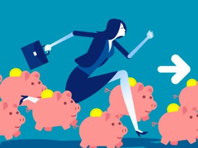 A dynamic illustration depicts a professional woman, dressed in a dark blue suit jacket and skirt, with black hair, energetically running forward while holding a briefcase. She is shown in profile against a deep blue background. Below her, several light pink piggy banks are scattered, each with a gold coin resting on its back, symbolizing savings and high-yield accounts. The woman's stride suggests she is moving quickly past these opportunities, with one of her feet appearing to step over a piggy bank. A large white arrow on the right side of the image points to the right, reinforcing the sense of forward momentum and progress, potentially towards financial goals or better banking options. In the bottom left corner, the text "THE COLLEGE INVESTOR" is prominently displayed in white, indicating the source or focus of the financial content. This image effectively visualizes the pursuit of maximizing funds and finding competitive interest rates, a key theme in the accompanying article about Quontic Bank's checking and savings accounts.