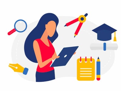 This vibrant, flat-design illustration depicts a young woman with long, flowing blue hair wearing a red top, actively engaged with a silver laptop. She is surrounded by various educational and financial planning symbols against a clean, white background that subtly fades to a light gray. To her left, a red-handled magnifying glass suggests research and scrutiny, while a golden fountain pen poised for writing emphasizes the importance of documentation or signing. Above her, a red and yellow drafting compass symbolizes precision and planning, crucial for financial strategies like those involved with Coverdell Education Savings Plans. To her right, a navy blue graduation cap with a golden tassel sits atop a rolled diploma, representing the ultimate goal of higher education. Below these, a yellow notepad with a red spiral binding and a blue pencil further highlight the preparation and saving for college and K-12 expenses discussed in the article. In the bottom left corner, the logo for "The College Investor" is prominently displayed in red and white. The overall image visually reinforces the themes of diligent saving, careful planning, and educational attainment pertinent to understanding Coverdell Education Savings Accounts.