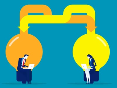 This vibrant illustration depicts the concept of the Royalty Exchange marketplace, where artists and investors connect. On the left, a businessman in a suit diligently works on a laptop, situated within a large, glowing orange lightbulb, symbolizing an investor or buyer of royalties. On the right, a businesswoman also uses a laptop, seated inside a bright yellow lightbulb, representing an artist or seller of royalties. Two intertwined, flowing pipes, one orange and one yellow, connect the tops of the lightbulbs, with arrows indicating a two-way exchange of value, such as money and musical NFT. This visually represents the platform's role in facilitating high-yield investments in music catalogs and other intellectual property. The "The College Investor" logo is prominently displayed in the bottom left corner against a solid blue background, underscoring the article's focus on financial insights for investors.