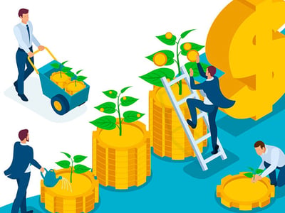 An isometric illustration depicts various individuals engaged in financial growth activities, symbolizing income share agreements (ISAs) and investment. In the foreground, a man in a blue suit and white shirt with a tie pushes a wheelbarrow filled with golden coin stacks, each topped with a small green plant, towards larger stacks of coins. Another man, also in a blue suit, climbs a silver ladder to reach a large stack of coins, from which a green plant with golden coin-like leaves sprouts. To the left, a person wearing a blue suit waters a plant growing from a stack of coins. In the bottom right corner, another individual tends to a similar plant growing from a coin stack. In the background, partially visible, are large golden dollar signs, reinforcing the financial theme. The image visually represents the concept of investing in education through ISAs and the potential for future financial returns.
