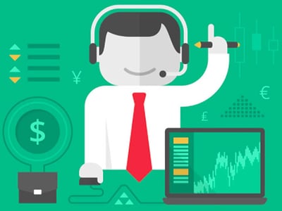 The image features a cartoon illustration of a financial broker, representing Tradier Brokerage, against a dark green background. The broker, a faceless figure with light gray skin, wears a white shirt, red tie, and a headset with a microphone, suggesting a focus on customer service and active trading. He is pointing upwards with a pen, surrounded by various financial symbols: a dollar sign within a circular magnifying glass, a briefcase, a stacked document icon, Japanese yen symbols, a candlestick chart, and a euro sign. To the right, a laptop displays a green line graph, symbolizing online trading and market analysis. At the bottom left, "THE COLLEGE INVESTOR" is displayed in white text. This visual cues highlight Tradier's offerings, including commission-free options trading, advanced order capabilities, and deep research tools, catering to sophisticated investors and developers who utilize their API services.