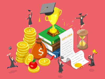 This illustrative image visually represents the concept of "DEFAULTED STUDENT LOAN REFINANCING," a service offered by lenders like Yrefy, as discussed in the accompanying article. The central focus is a collection of financial elements, including stacks of golden coins, a brown money bag with a dollar sign, and a red apple resting on coins, symbolizing wealth, debt, and the potential for a fresh start. To the right, a long document resembling a loan agreement or promissory note, complete with a seal, emphasizes the legal and contractual nature of student loans and refinancing. In the background, a stack of books topped with a golden trophy or award signifies education and achievement, while an hourglass suggests the passage of time and the urgency of addressing defaulted loans. Small, silhouetted figures of people are scattered around these items, some seemingly interacting with the financial elements, underscoring the human impact of student loan debt and the act of refinancing to secure a lower interest rate. The overall composition effectively conveys the challenges and opportunities associated with managing and refinancing defaulted private student loans.