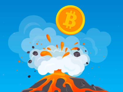 An animated illustration depicts a volcano erupting with a large, golden Bitcoin symbol soaring above the explosion, set against a bright blue sky. The volcano's peak is dark grey, and the eruption features a mixture of white smoke, orange lava fragments, and dark grey ash spewing outwards. The prominent Bitcoin coin, circular and gold with a bold 'B' and two vertical lines, is positioned centrally above the volcanic plume, symbolizing the explosive growth and impact of cryptocurrencies like Bitcoin on the financial world. In the bottom left corner, the logo for "The College Investor" is visible, featuring a red graduation cap with a subtle graph line beneath it, suggesting the article's focus on financial education and investing in crypto assets. This image visually represents the exciting and sometimes volatile nature of investing in cryptocurrency, aligning with the article's discussion of Bitfinex as a professional crypto trading platform and the high-risk, high-reward landscape of digital assets for traders outside the US.