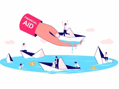 This illustrative image visually represents the challenges students face when trying to afford college and the role of financial aid. A large, stylized hand labeled "FINANCIAL AID" extends from above, holding a paper boat in which a small figure is cheering, symbolizing assistance being offered to students. Below, several other small figures are depicted in various states of distress, some in sinking paper boats, others struggling in the water, surrounded by euro coin symbols, suggesting the financial burden of tuition. The overall scene conveys the desperate need for support when facing the high costs of higher education. This image directly relates to the article's focus on options for paying for school when financial aid is insufficient, highlighting the sticky situations students can find themselves in without enough assistance.
