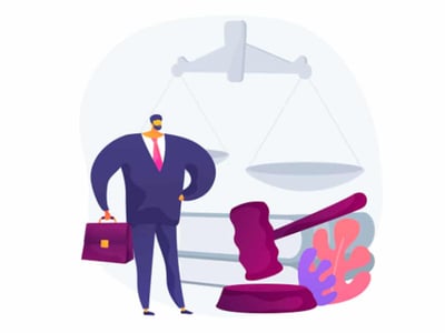 This digital illustration depicts a smartly dressed man, likely representing a lawyer or investor, holding a briefcase and standing beside prominent symbols of the legal system. Behind him, a large scale of justice hangs, perfectly balanced, while a gavel rests on the ground to his right, next to some stylized leaves or paperwork. The image uses a muted color palette with shades of blue, purple, and grey, conveying a serious yet approachable tone. This visual perfectly encapsulates the article's focus on LexShares and litigation finance, an investment opportunity typically limited to lawyers and hedge funds, now opening its doors to high-net-worth individuals. The man and legal symbols collectively illustrate the specialized and often complex world of legal investments discussed in the content.