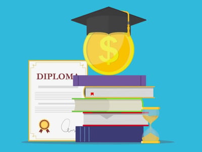 This illustrative image features a stack of five academic books with a golden coin featuring a prominent dollar sign resting on top, capped by a black graduation mortarboard. To the left, a rolled-up diploma with a gold seal is displayed, symbolizing educational achievement. On the far right, a small hourglass suggests the passage of time or impending deadlines related to financial obligations. The background is a solid, vibrant blue, drawing focus to the central elements. At the bottom left, the logo for "The College Investor" is visible, with a red graduation cap icon. The image visually represents the financial aspects of higher education, specifically student loans, and is highly relevant to the article discussing student loan servicers like FedLoan Servicing, Granite State Management and Resources, and Navient withdrawing from federal student loan programs.