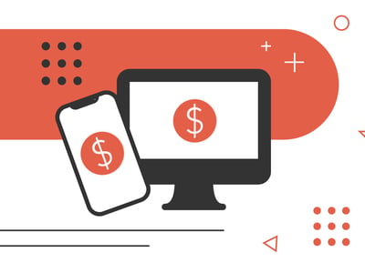 This graphic illustrates modern financial software options, featuring a white smartphone leaning against a black desktop computer monitor, both displaying a red dollar sign icon. The devices symbolize the digital tools used for money management and budgeting, connecting directly to the article's discussion of Quicken alternatives like Kubera, Empower, and YNAB. The background is a vibrant coral-red bar across the top with minimalist black and white geometric shapes, including dots, crosses, and triangles, suggesting the organized and streamlined nature of tracking investments and net worth. The foreground prominently displays "THE COLLEGE INVESTOR" in black capital letters, emphasizing the target audience for these financial management and budgeting tools.
