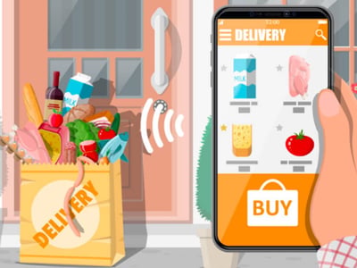 This detailed graphic illustrates the convenience of Instacart grocery delivery, a popular side hustle option for drivers. On the right, a hand holds a smartphone displaying the Instacart app interface, open to a "DELIVERY" screen with various grocery items like milk, meat, cheese, and a tomato available for purchase, and a "BUY" button at the bottom. To the left, a brown paper grocery bag overflowing with a wide assortment of groceries, including produce, milk, bread, and a wine bottle, sits in front of a light brown door with a white handle. White Wi-Fi-like signals emanate from the doorbell area, symbolizing the seamless connection between the app-based order and the physical delivery. The bottom left corner prominently features "THE COLLEGE INVESTOR" logo, highlighting the article's focus on Instacart as a flexible income-generating opportunity for full-service shoppers or independent contractors.