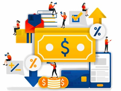 This illustrative image for "The College Investor" features a vibrant yellow and blue color scheme, depicting various small, stylized figures interacting with financial elements. At the center, a large yellow dollar bill with a prominent blue dollar sign symbolizes money and banking, directly relating to the Synchrony Bank review. Around this central element, several figures are engaged in financial activities: one sits atop a stack of books, another holds a megaphone, and a third looks through a telescope, suggesting research and discovery in personal finance. Other elements include an envelope representing communication (perhaps related to online banking statements), stacks of gold coins, credit cards, and a smartphone displaying a banking interface, alluding to the digital nature of Synchrony Bank's services. A prominent blue percentage sign and an upward-pointing arrow symbolize interest rates and financial growth, key benefits highlighted in the article's discussion of Synchrony Bank's great yields on savings products. The overall image reinforces the theme of managing and growing money effectively, which is central to the Synchrony Bank review and its comparison to the best high-yield savings accounts.