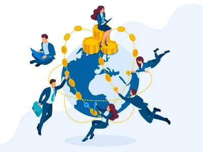 This image features a global investing concept, centered around a blue and yellow stylized world map, symbolizing the reach and accessibility of J.P. Morgan Self-Directed Investing. Several animated figures in business attire are actively engaging with the world, some appearing to fly or float around it, suggesting the ease and freedom of a commission-free trading platform. Golden coin symbols are scattered across the map, representing financial growth and investment opportunities. The top of the image prominently displays "J.P. Morgan Self-Directed Investing App Review" in bold red and black text, directly referencing the article's focus on the J.P. Morgan Self-Directed Investing app, which competes with platforms like Robinhood, Fidelity, and Schwab in the market for free trading and high-value brokerage accounts.