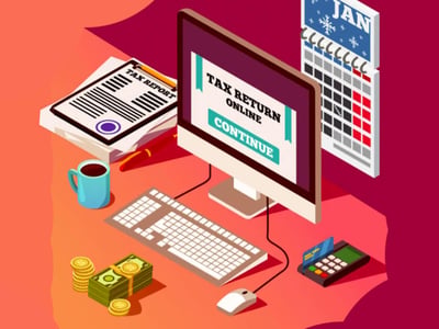 An isometric digital illustration depicts a streamlined, modern online tax filing setup, emphasizing the convenience of tax software and virtual CPA services like Taxhub. A desktop monitor prominently displays "TAX RETURN ONLINE" with a "CONTINUE" button, signifying easy navigation for tax filers. To the left, a stack of "TAX REPORT" documents with a pen suggests the paperwork involved in tax preparation, while a light blue mug of coffee indicates a typical home office environment. A keyboard and mouse are positioned in front of the monitor. Below the desk, neatly stacked coins and paper money reinforce the financial aspect of tax returns. On the right, a calendar showing "JAN" with snowflakes symbolizes the tax season. Below the calendar is a card reader and a credit card, further illustrating digital financial transactions. The overall image highlights the transition to efficient, low-cost online tax solutions and dedicated CPA assistance as discussed in "The College Investor" article.