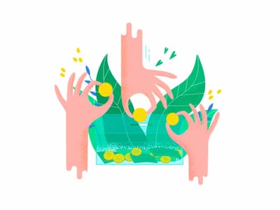 This vibrant illustration depicts three hands, reaching from different angles to deposit golden coins into a transparent piggy bank or container, symbolizing investment and wealth accumulation. The hands are a light skin tone, and the coins are bright yellow, suggesting a valuable asset like cryptocurrency or other financial investments. Lush green leaves and small yellow specks, possibly representing growth or additional coins, surround the central image against a clean white background. In the bottom left corner, the red and white logo for "THE COLLEGE INVESTOR" is visible, grounding the image within the context of the article about the Delta App, an all-in-one investment and crypto tracker. This visual effectively represents the act of diversifying investments, including blockchain-based cryptocurrency, ETFs, commodities, and Forex, as discussed in the accompanying article on portfolio analysis tools.