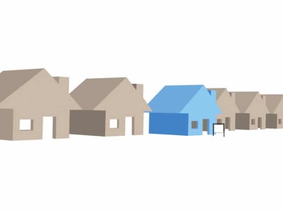 The image displays a conceptual illustration featuring a row of identical, simplified house shapes in a neutral beige color, extending into the distance on a gray gradient surface. Prominently, one house in the middle of the row stands out, depicted in a vibrant blue, visually representing how Arrived (formerly Arrived Homes) allows everyday investors to easily get into real estate investing with fractional ownership. This blue house symbolizes a unique investment opportunity within the broader real estate market, aligning with the article's focus on Arrived as a platform for accessible real estate investments. The foreground includes "THE COLLEGE INVESTOR" logo in white text, indicating the source and context of this review. The overall image emphasizes the ease of identifying and acquiring individual properties through Arrived, avoiding the complexities of traditional landlord duties while still allowing investors to collect property dividends and benefit from appreciation.