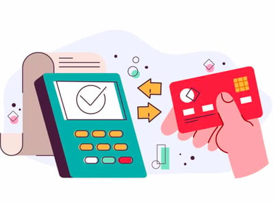 A vibrant, illustrative image depicts a hand holding a red credit card, poised to interact with a teal point-of-sale (POS) terminal. The POS terminal displays a green checkmark within a circle on its screen, indicating a successful transaction. Behind the terminal, a long paper receipt unrolls, symbolizing the record of the bank transaction. Two yellow arrows point from the credit card towards the terminal, and two more point back, representing the flow of information or funds during a transaction. Scattered geometric shapes and dots in the background add a modern, abstract feel. This visual emphasizes the process of using various bank account numbers, like routing numbers, SWIFT codes, and the account number itself, for different financial operations, particularly when making a payment or transfer.